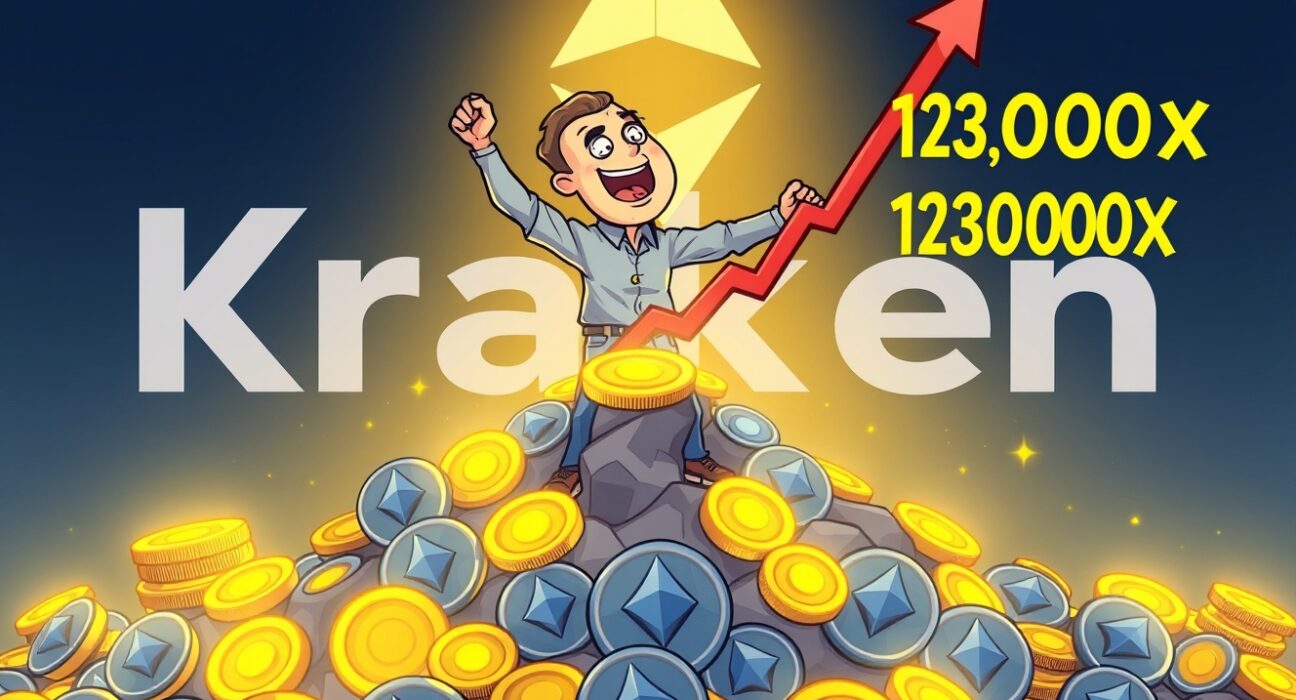 A cartoon investor celebrating an astounding Ethereum investor profit, symbolizing a 13,000x return from early ETH adoption.