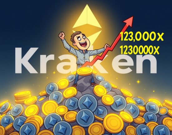 A cartoon investor celebrating an astounding Ethereum investor profit, symbolizing a 13,000x return from early ETH adoption.