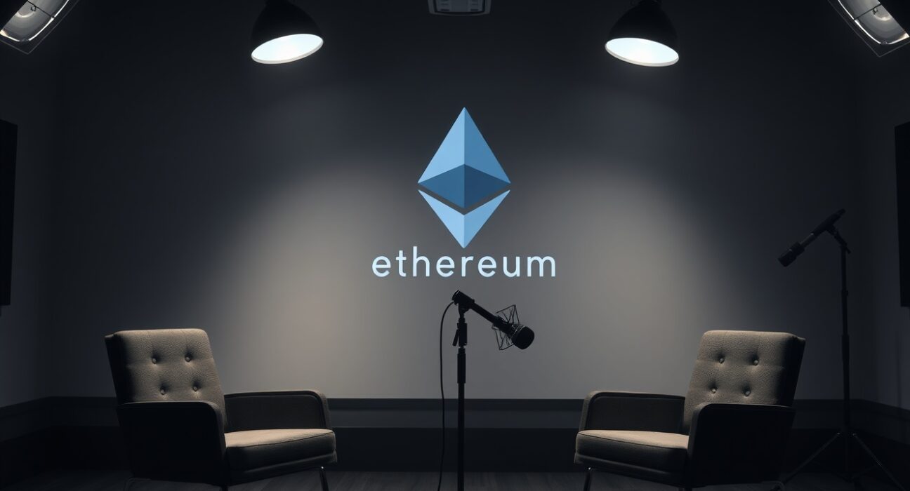 Podcast studio with microphone and Ethereum logo projection, representing discussion on ETH value narrative