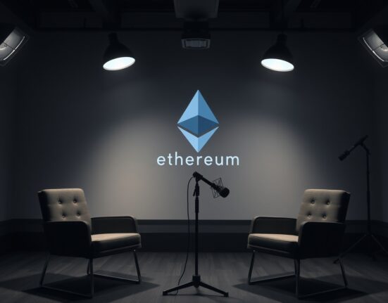 Podcast studio with microphone and Ethereum logo projection, representing discussion on ETH value narrative