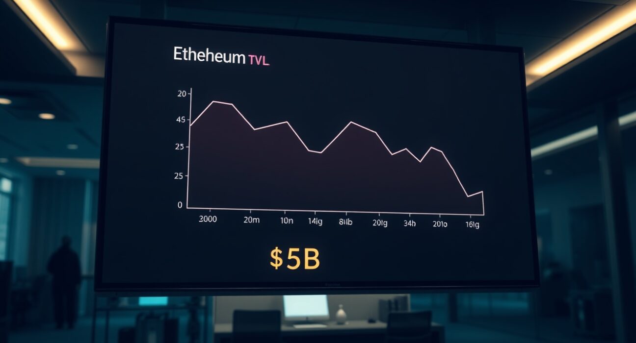 Digital screen showing Ethereum L2 TVL dropping to $5 billion with a downward graph