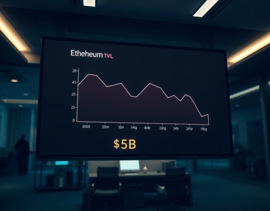 Digital screen showing Ethereum L2 TVL dropping to $5 billion with a downward graph