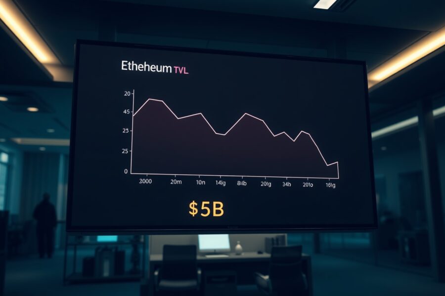 Digital screen showing Ethereum L2 TVL dropping to $5 billion with a downward graph