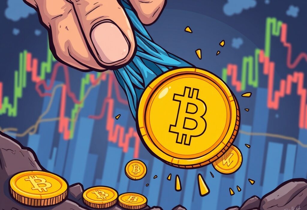 A cartoon illustration showing Ethereum liquidations dramatically impacting the crypto market, with ETH coins falling. This visualizes the market's recent downturn.