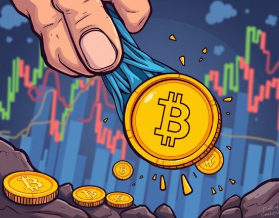 A cartoon illustration showing Ethereum liquidations dramatically impacting the crypto market, with ETH coins falling. This visualizes the market's recent downturn.