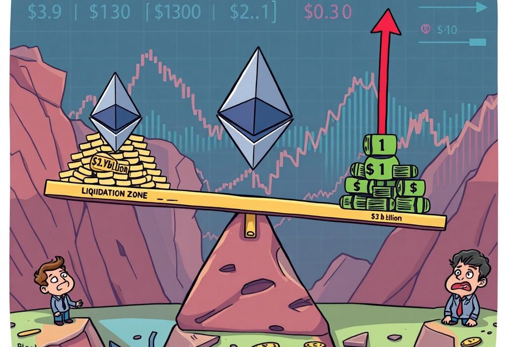 A cartoon illustration symbolizing potential Ethereum liquidations, with ETH price risk threatening $2.9 billion in long positions.