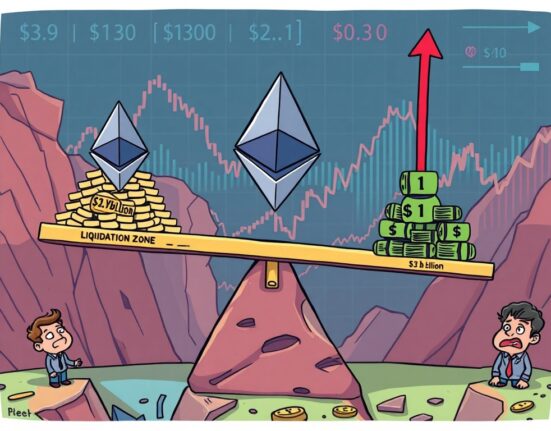 A cartoon illustration symbolizing potential Ethereum liquidations, with ETH price risk threatening $2.9 billion in long positions.