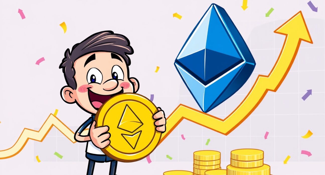 Ethereum long position success with a joyful character celebrating cryptocurrency gains
