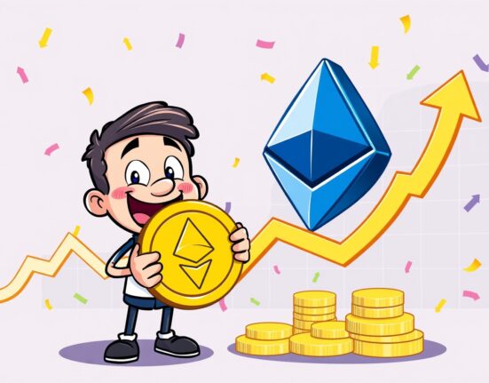 Ethereum long position success with a joyful character celebrating cryptocurrency gains