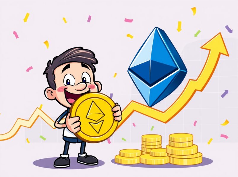 Ethereum long position success with a joyful character celebrating cryptocurrency gains