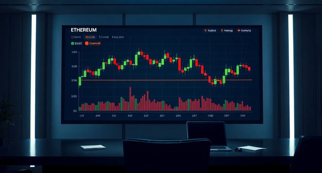 Ethereum price chart showing oversold phase and declining trend on a trading desk display
