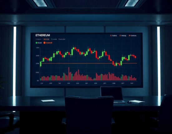 Ethereum price chart showing oversold phase and declining trend on a trading desk display