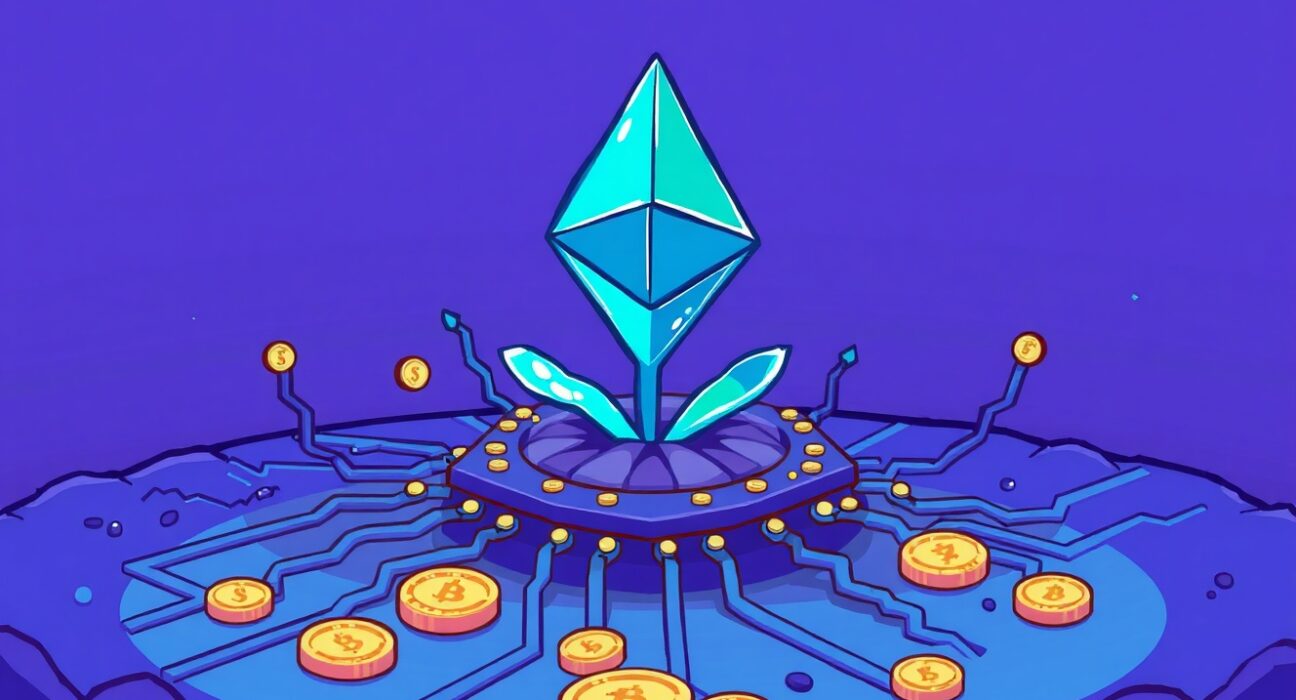 Cartoon illustration symbolizing Ethereum long-term growth through scalability and efficiency gains.
