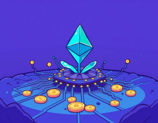 Cartoon illustration symbolizing Ethereum long-term growth through scalability and efficiency gains.