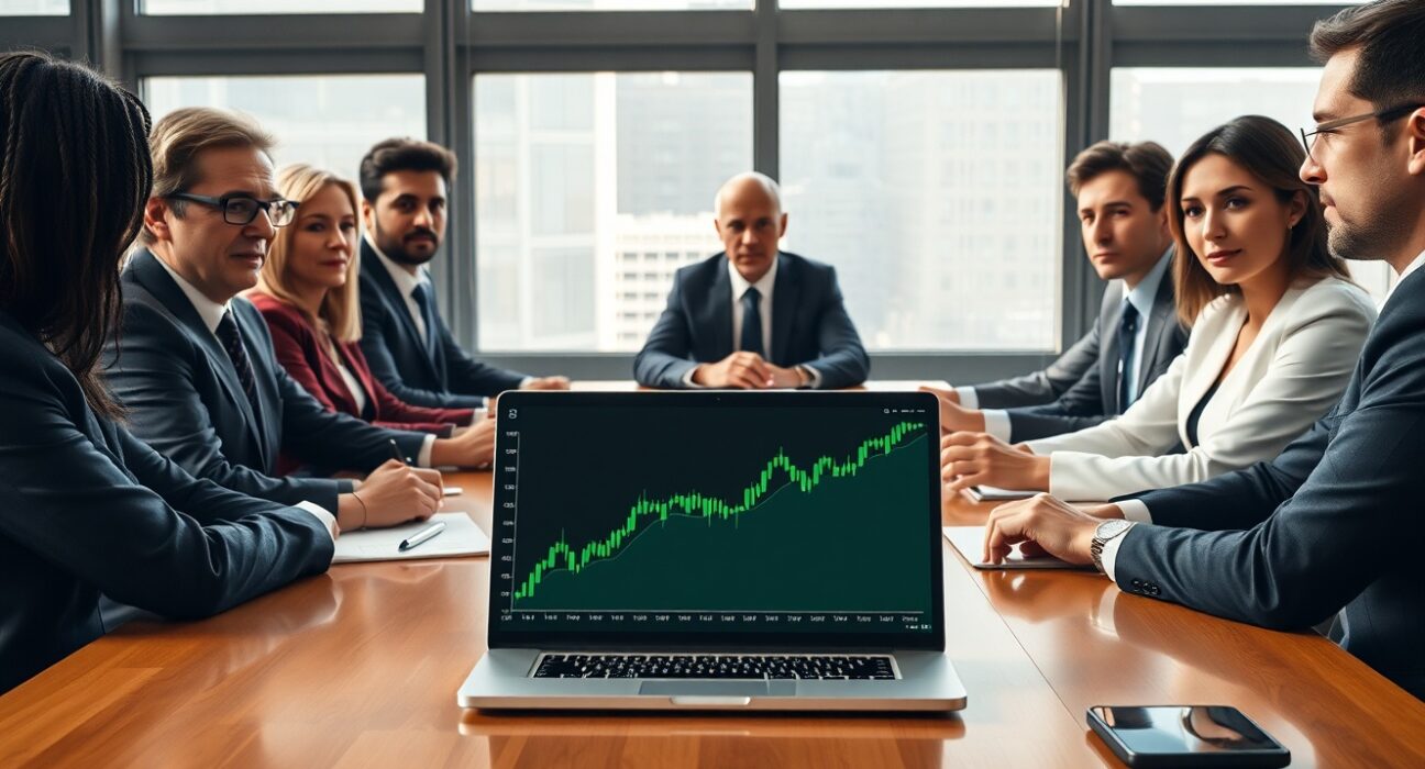 Corporate executives discussing Ethereum price chart on laptop in boardroom meeting