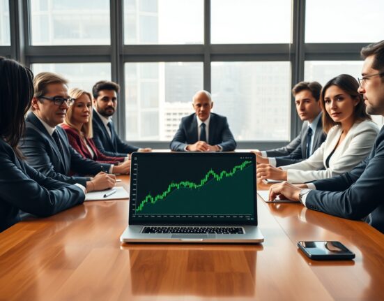 Corporate executives discussing Ethereum price chart on laptop in boardroom meeting