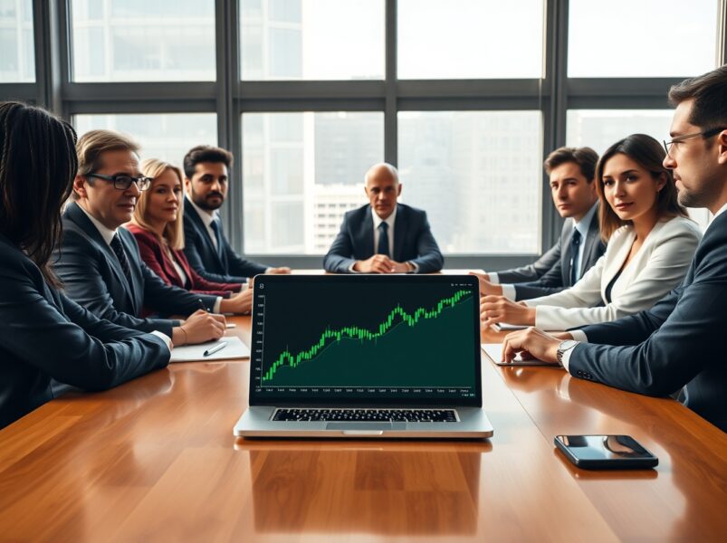 Corporate executives discussing Ethereum price chart on laptop in boardroom meeting