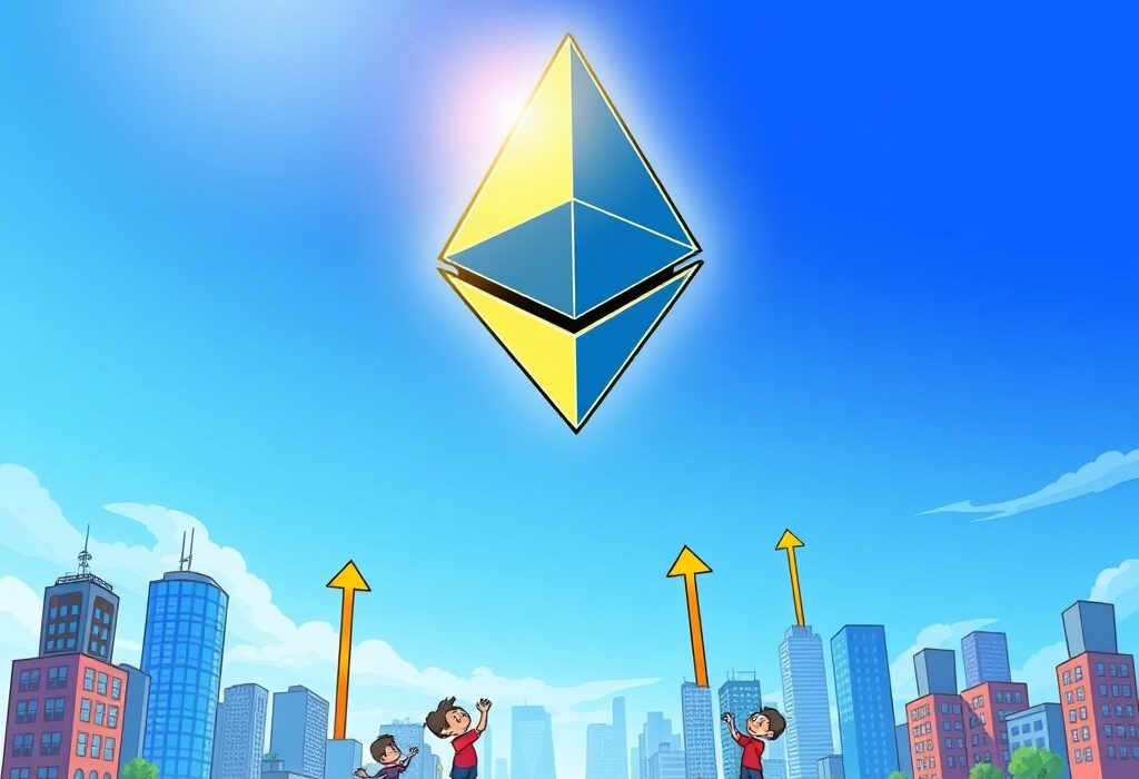 A cartoon illustration depicting the Ethereum market cap reaching a historic milestone, symbolizing significant growth and investor excitement.