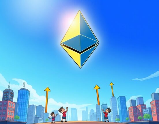 A cartoon illustration depicting the Ethereum market cap reaching a historic milestone, symbolizing significant growth and investor excitement.