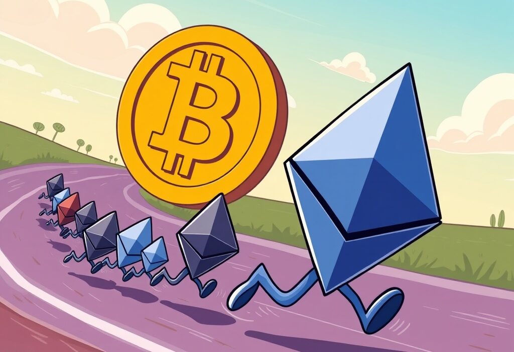 A vibrant cartoon shows the Ethereum logo confidently leading, symbolizing the significant Ethereum market shift as capital flows into ETH.