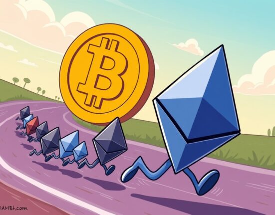 A vibrant cartoon shows the Ethereum logo confidently leading, symbolizing the significant Ethereum market shift as capital flows into ETH.