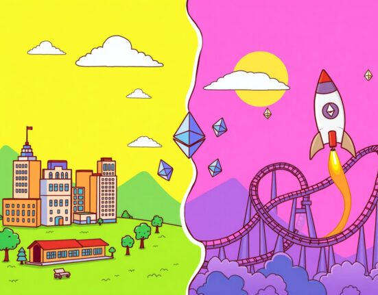 Ethereum market transformation from stable trading to volatile speculation shown through contrasting cartoon scenes