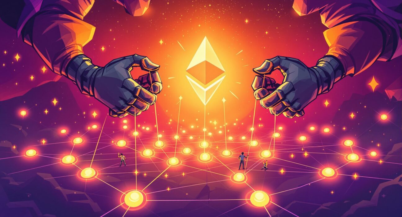 Cartoon illustration showing centralized control over Ethereum MEV, threatening the network's decentralization.
