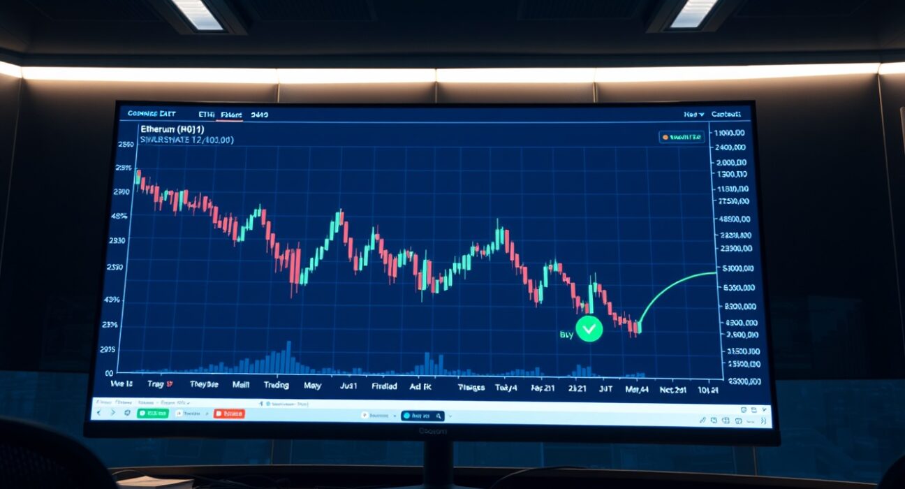 Ethereum monthly candlestick chart with a TD Sequential buy signal on a trading desk monitor.