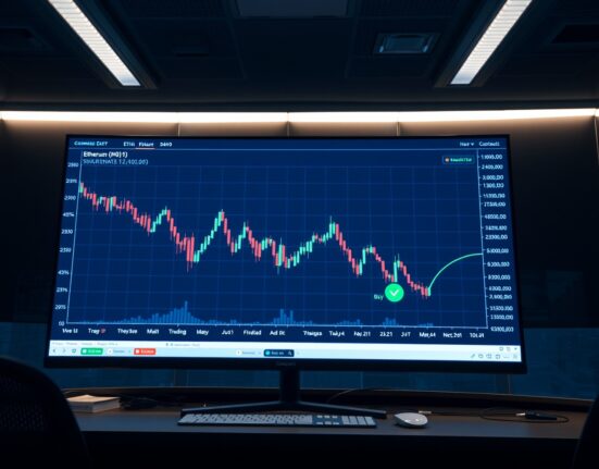 Ethereum monthly candlestick chart with a TD Sequential buy signal on a trading desk monitor.