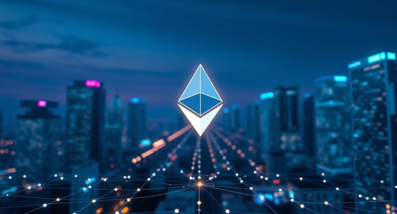 Digital cityscape with glowing Ethereum blockchain network nodes representing record transaction volume