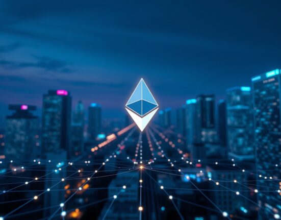 Digital cityscape with glowing Ethereum blockchain network nodes representing record transaction volume