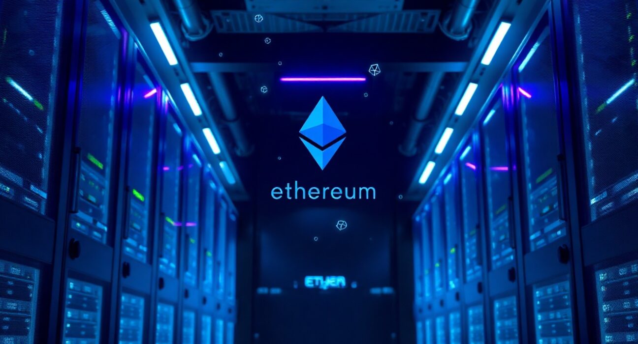 Modern data center with blue and purple lighting representing Ethereum network infrastructure