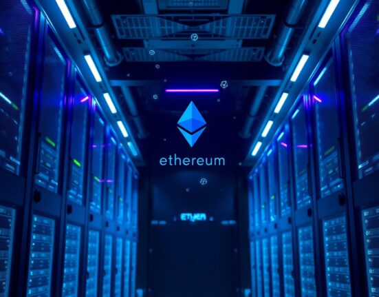 Modern data center with blue and purple lighting representing Ethereum network infrastructure