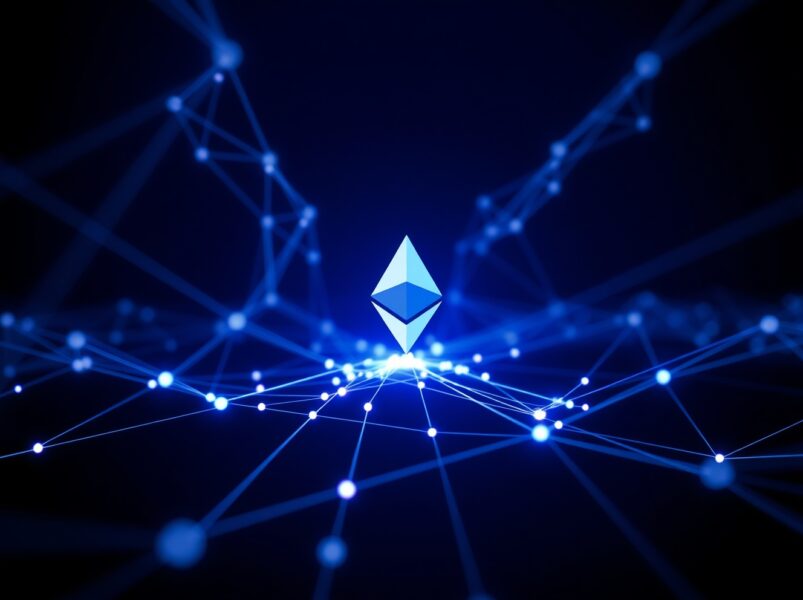 Ethereum network usage visualized as active data flow through a blockchain system.