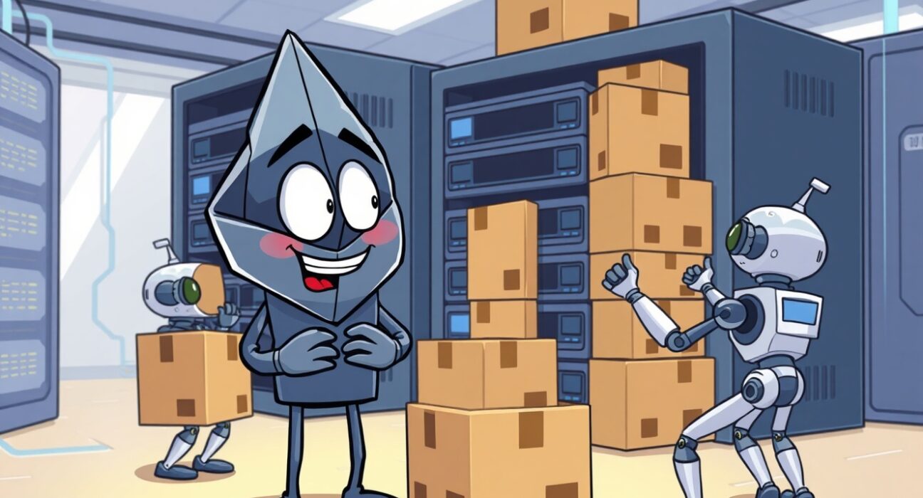 Cartoon illustrating solutions easing the Ethereum node operation burden by managing blockchain data.