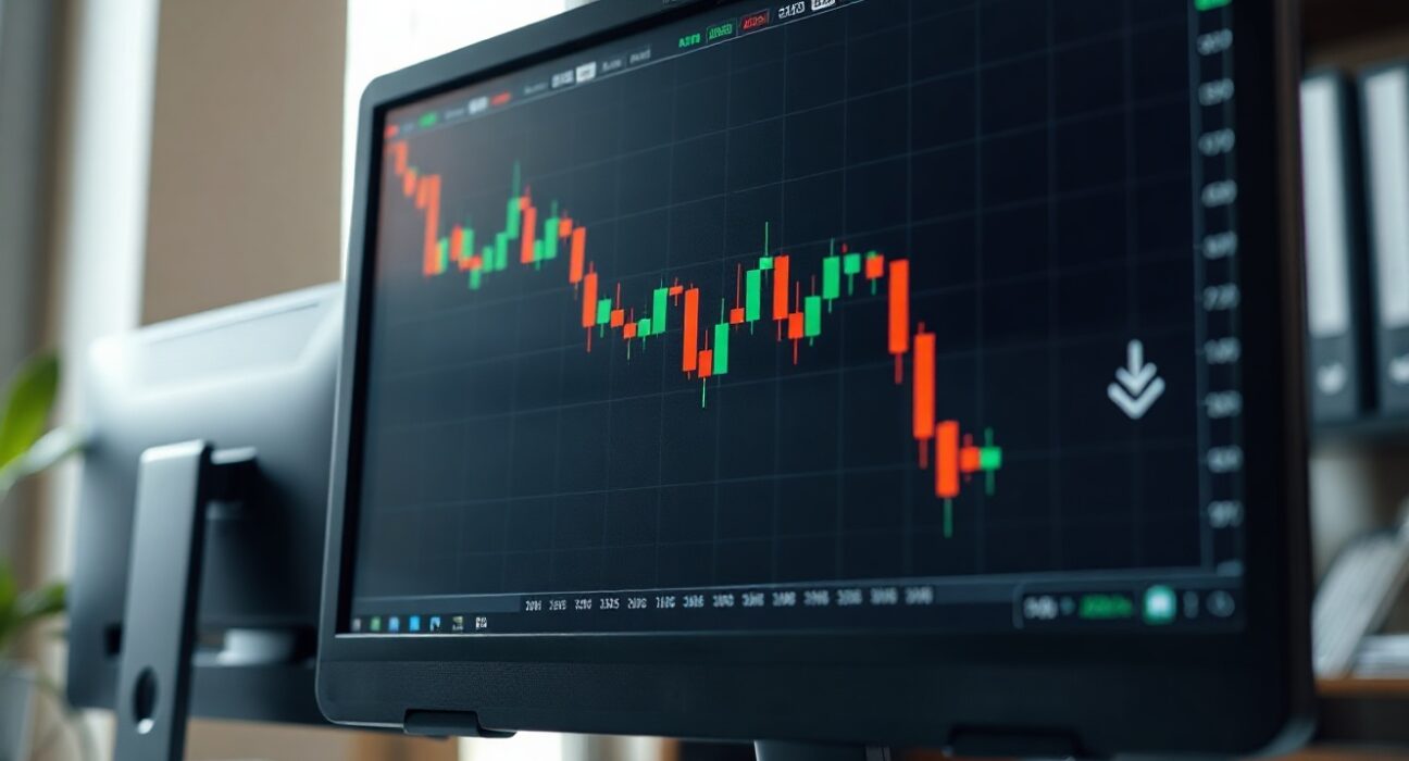Ethereum price chart on a monitor with a downward trend, indicating market bottom signals.