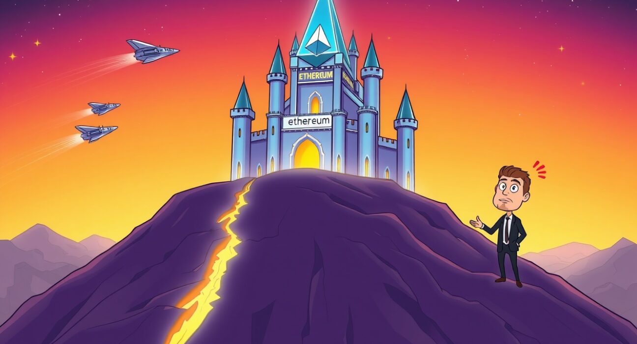Cartoon illustration of the Ethereum blockchain as a cracking castle facing obsolescence.