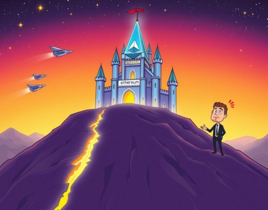 Cartoon illustration of the Ethereum blockchain as a cracking castle facing obsolescence.