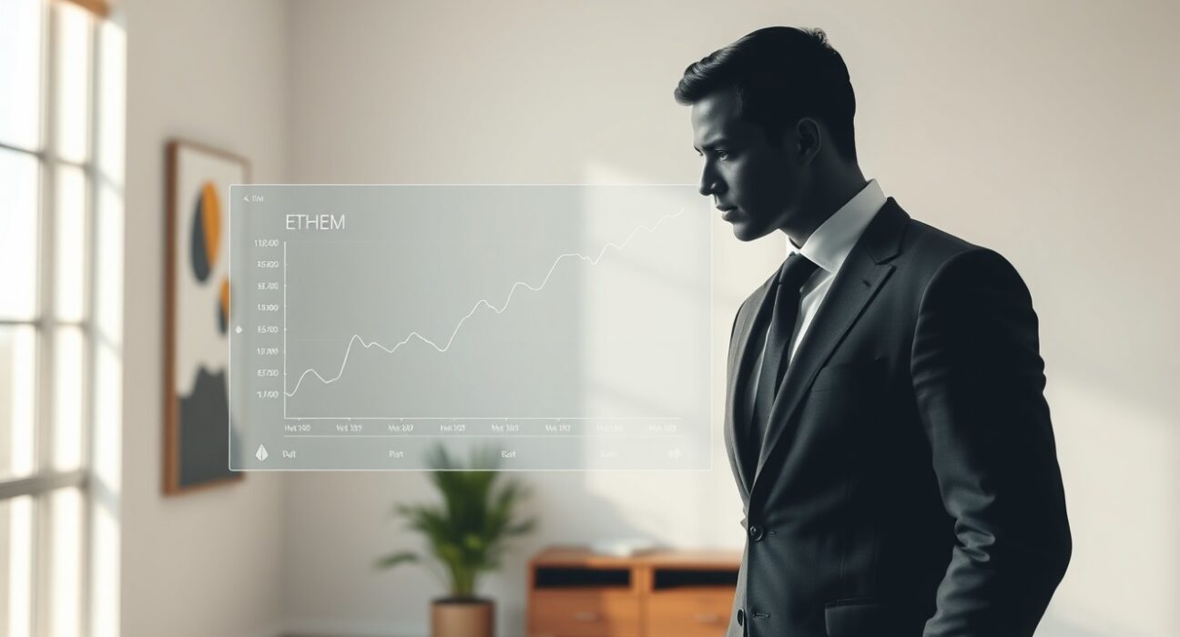 An anonymous Ethereum OG investor analyzes a rising ETH price chart, representing major cryptocurrency investment.