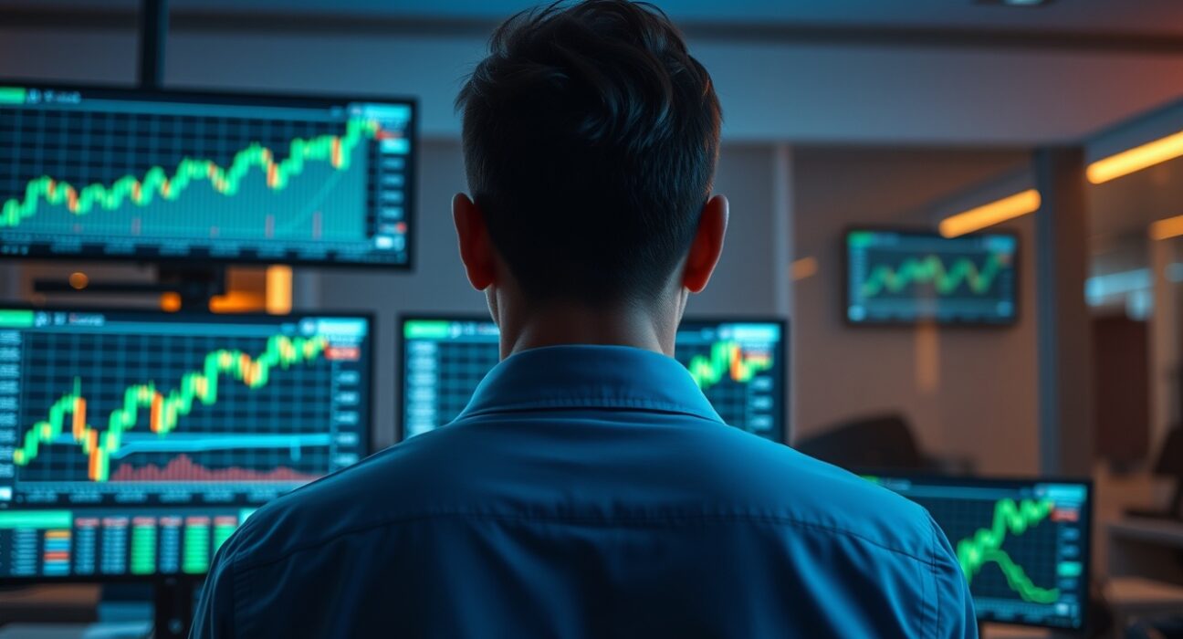 A trader monitoring Ethereum price charts on multiple screens in a dimly lit trading room.