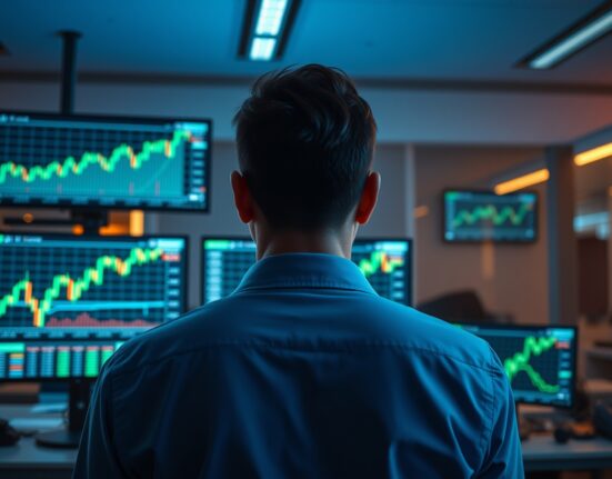 A trader monitoring Ethereum price charts on multiple screens in a dimly lit trading room.