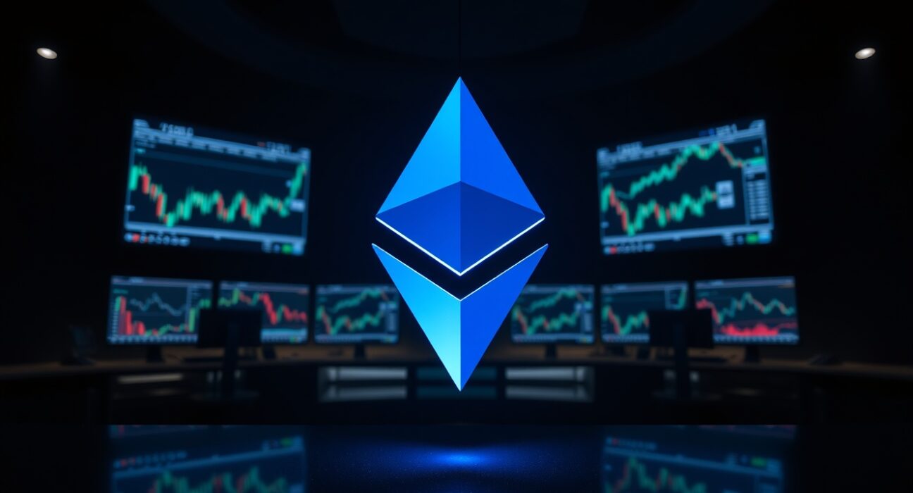 Ethereum logo in a dark trading room with monitors showing charts and blockchain data