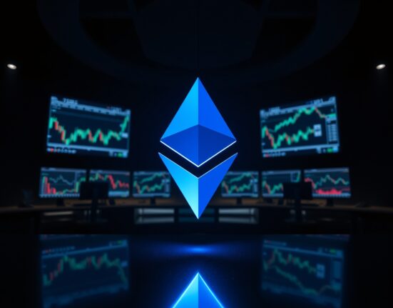 Ethereum logo in a dark trading room with monitors showing charts and blockchain data