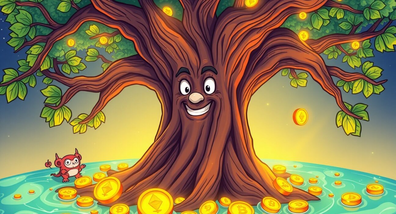 An Ethereum OG stakes ETH, symbolizing long-term trust in blockchain staking as a wise tree nourishes a digital pool.