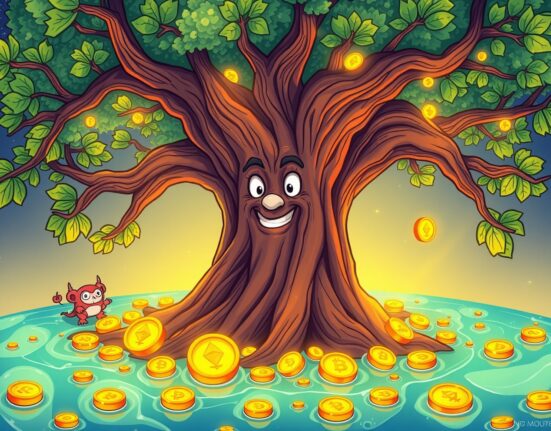 An Ethereum OG stakes ETH, symbolizing long-term trust in blockchain staking as a wise tree nourishes a digital pool.