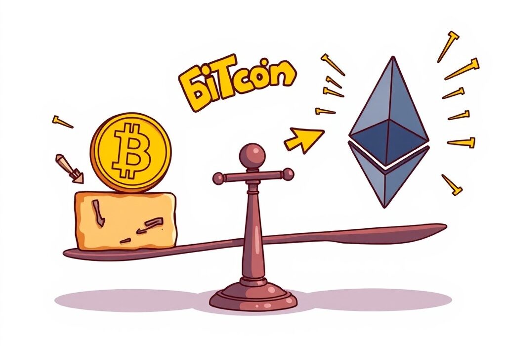 Cartoon illustration depicting Ethereum OI dominance growing stronger, with speculative capital visibly shifting from Bitcoin to Ethereum.
