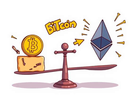 Cartoon illustration depicting Ethereum OI dominance growing stronger, with speculative capital visibly shifting from Bitcoin to Ethereum.