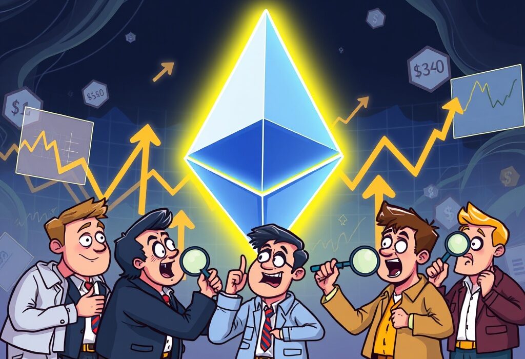Cartoon illustration of investors observing charts indicating a significant surge in Ethereum options OI, reflecting heightened crypto derivatives market activity.