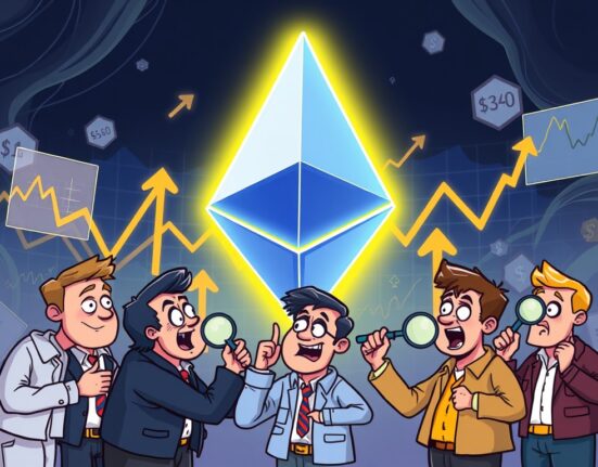 Cartoon illustration of investors observing charts indicating a significant surge in Ethereum options OI, reflecting heightened crypto derivatives market activity.