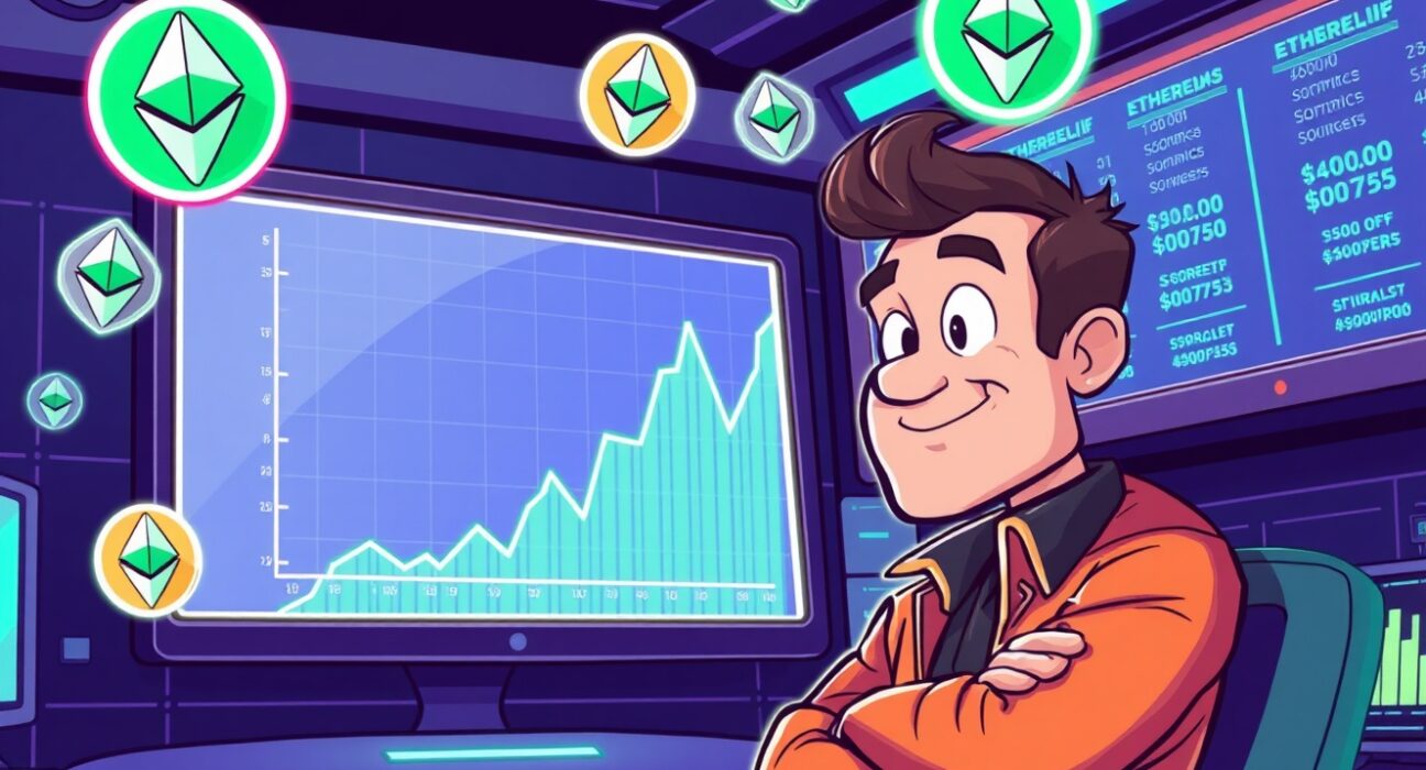A confident cartoon trader betting on a major Ethereum options rally to $6,500.